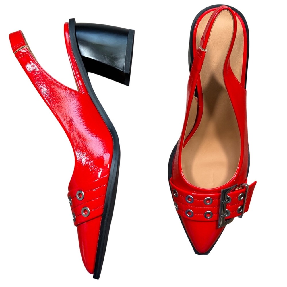 Y2K Grunge Grommet Red Patent Slingback Pumps Pointed Toe Buckle Shoes Size 9